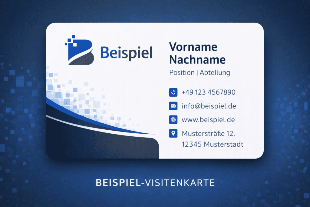 Professionelle Muster-Visa mit Name, Position, Kontakt und Logo.